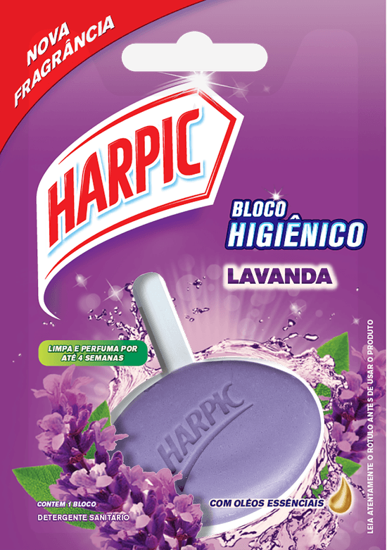 Harpic Bloco Higiênico Lavanda garante perfumação e auxilia na limpeza do vaso sanitário a cada descarga