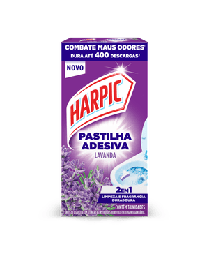 Pastilha Harpic Adesiva Lavanda 3 unidades mantém o vaso sanitário limpo e perfumado diariamente