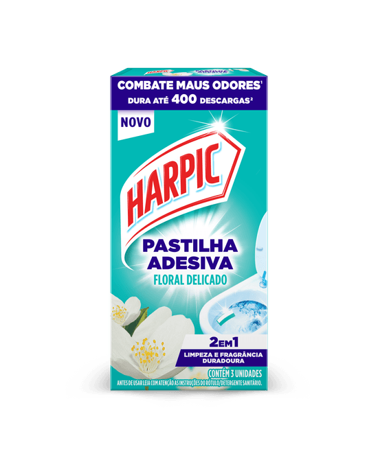 Pastilha Harpic Adesiva Floral Delicado mantém o vaso sanitário limpo e perfumado diariamente