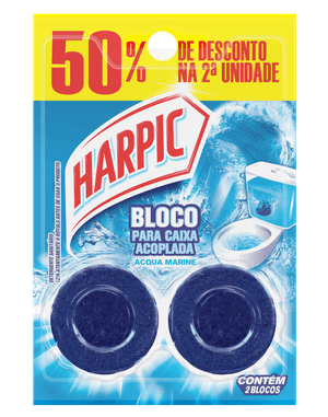Bloco sanitário Harpic Caixa Acoplada Marine Twinpack - 50% off 2ª unidade, perfuma e mantém o vaso sanitário limpo