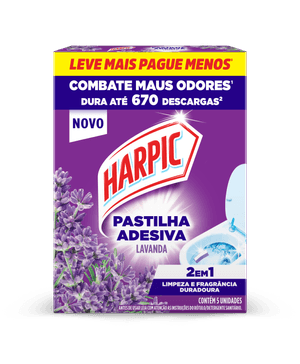 Pastilha Harpic Adesiva Lavanda 5 unidades mantém o vaso sanitário limpo e perfumado diariamente